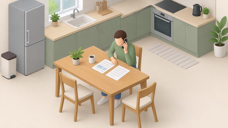 A householder seated at a kitchen table holds a phone to their ear while looking at an energy bill and a separate sheet of paper bearing a written reference, both lying flat on the table beside them.