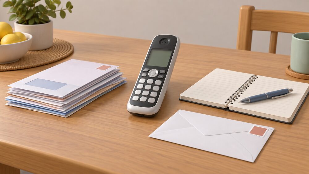 A cordless home telephone lying on a kitchen table beside a neat stack of energy bills and complaint letters, an open notebook with a pen resting on it, and a stamped envelope ready to post.