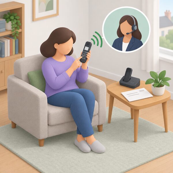 A householder seated in a home living room dials a cordless handset from a landline base, making a free telephone call to the Energy Ombudsman's complaints line, with a deadlock letter resting on the side table beside them.