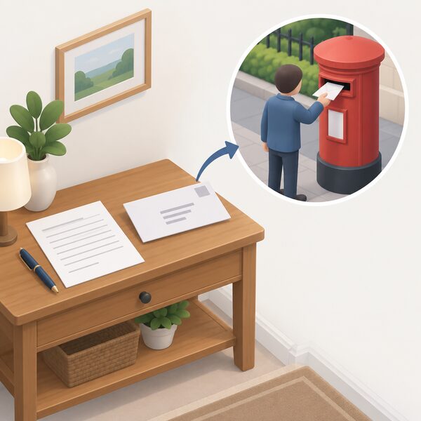 A sealed envelope addressed to the Complaints Manager at the department's 1 Victoria Street London address lying on a hall table beside a handwritten complaint letter and a pen, with a person's hand placing the envelope into a red postbox slot.