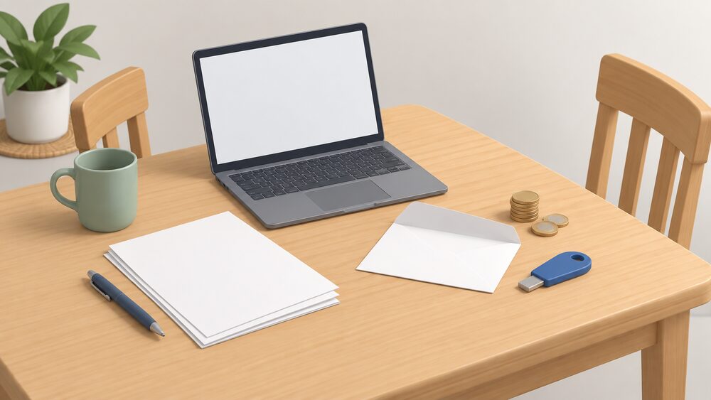 A kitchen table with blank application paperwork, a laptop with a blank screen, an unsealed envelope and a small stack of coins beside a gas prepayment-style meter key, representing a household applying for a grant to clear energy arrears.