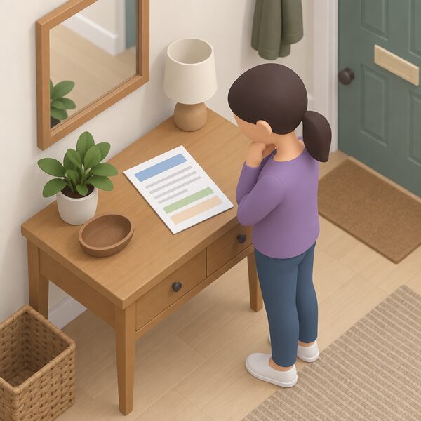 A paper energy account statement lying on a hall table in a home, addressed to the householder, with a simplified isometric figure of the account holder standing beside it, the statement shown with blank lines and plain colour bands so no words or figures are readable.