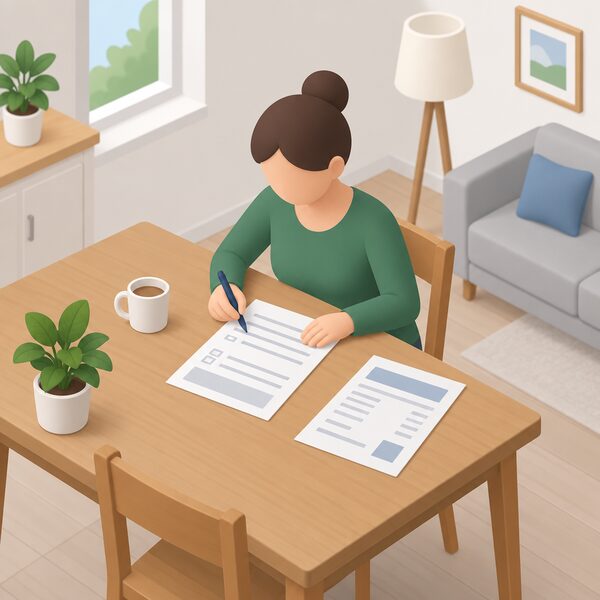 A householder seated at a table at home filling in a paper grant application form, with an energy account statement and a pen beside them, the form showing only blank lines and plain blocks with no readable words or numbers.