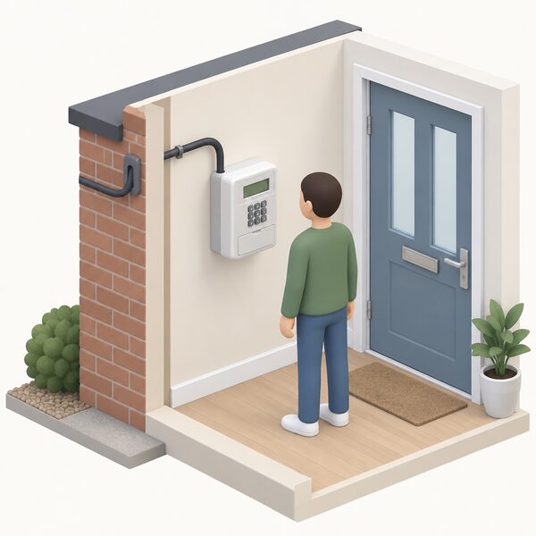 A wall-mounted electricity prepayment meter inside a home, shown in a simple cutaway interior with its meter box, keypad and display slot visible on the front, mounted at ordinary reachable height on an interior wall near the front door with the incoming supply cable entering from outside.