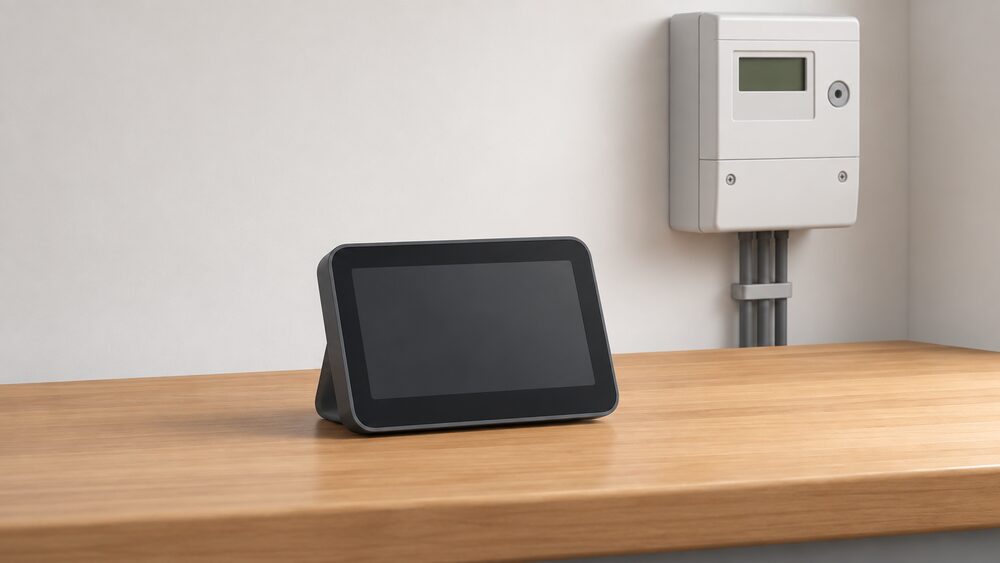 A small portable in-home display device standing on a kitchen worktop, its blank screen facing forward, with a smart electricity meter on an adjacent indoor wall in the background, nothing else in the scene.