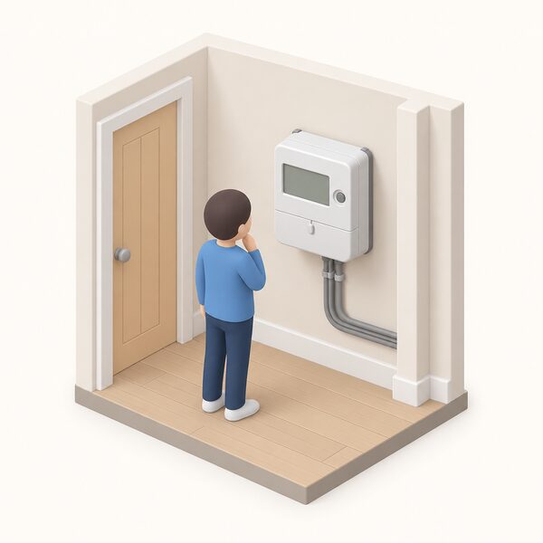 A compact smart electricity meter mounted on an inside wall of a home, near the consumer unit, with a small simplified figure standing beside it looking at its blank display, showing the meter as a recording device rather than a saving device.