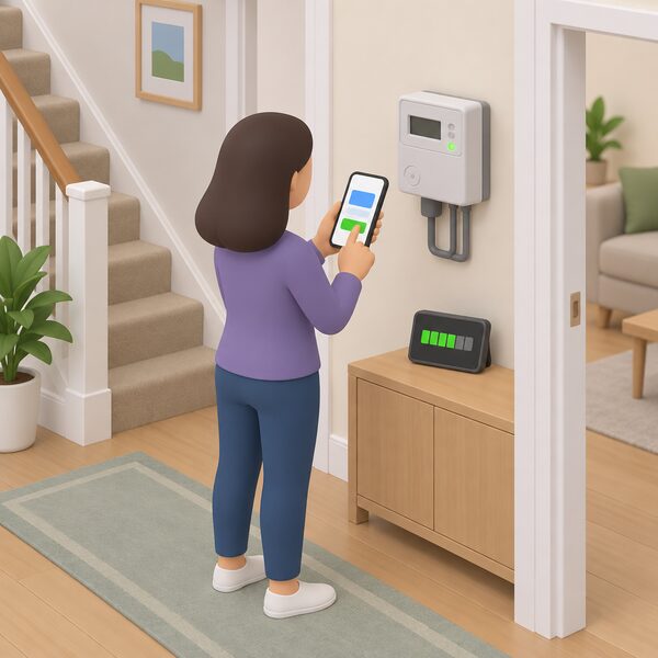 A simplified figure stands in a home hallway holding a mobile phone showing a plain top-up screen, with a smart prepayment electricity meter on the wall nearby and an in-home display showing a plain balance bar.