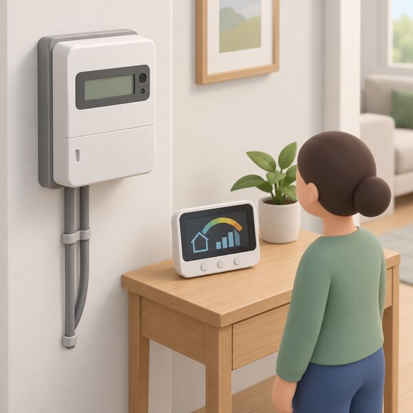 A smart electricity meter mounted on an interior wall with its paired in-home display sitting on a nearby shelf or table, both shown together as the devices a household keeps when switching supplier.
