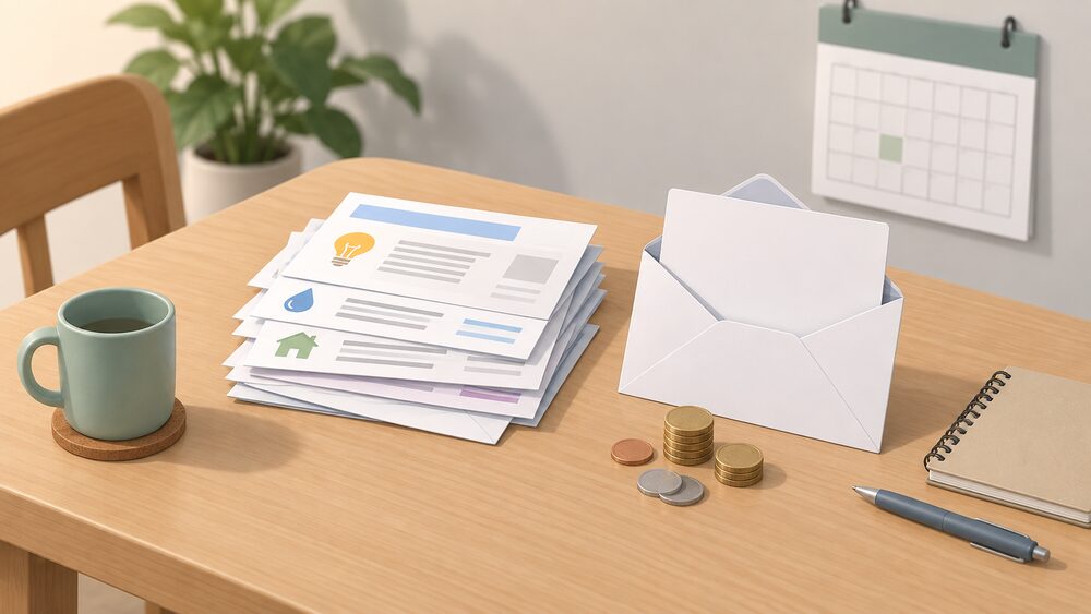 A kitchen table with a small stack of household energy bills and printed correspondence, a blank decision letter in an open envelope, a few coins, and a wall calendar in the background, arranged as the moment a household prepares evidence for an energy complaint.