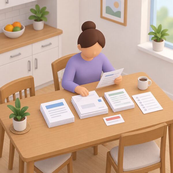 A kitchen table at home where a simplified figure sorts a stack of energy bills, letters and a handwritten sheet of meter readings into neat piles, with a small card showing the complaint reference among them, all laid out together for review.