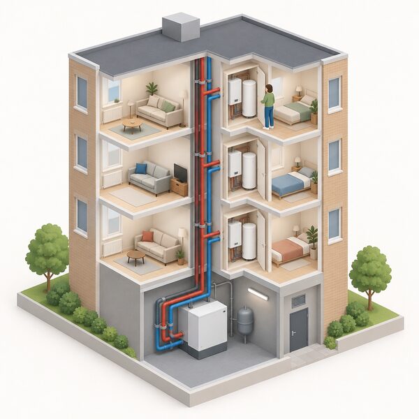 An isometric cutaway of a small block of flats showing a shared heat network: a plant room with a communal boiler and insulated flow and return pipes running up a riser to individual heat interface units in each flat, with one simplified resident figure standing beside a heat interface unit cupboard inside their flat.