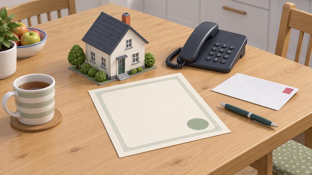 A small model house sits beside a blank certificate document on a kitchen table, with a telephone, a stamped envelope and a pen arranged nearby, suggesting a household working out who to contact about a missing or wrong certificate.