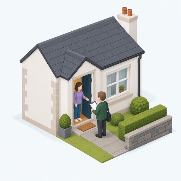 A domestic energy assessor, shown as a small isometric figure with a clipboard, stands at the front door of a simple Scottish house being welcomed by the householder, capturing the first contact of an EPC assessment visit.