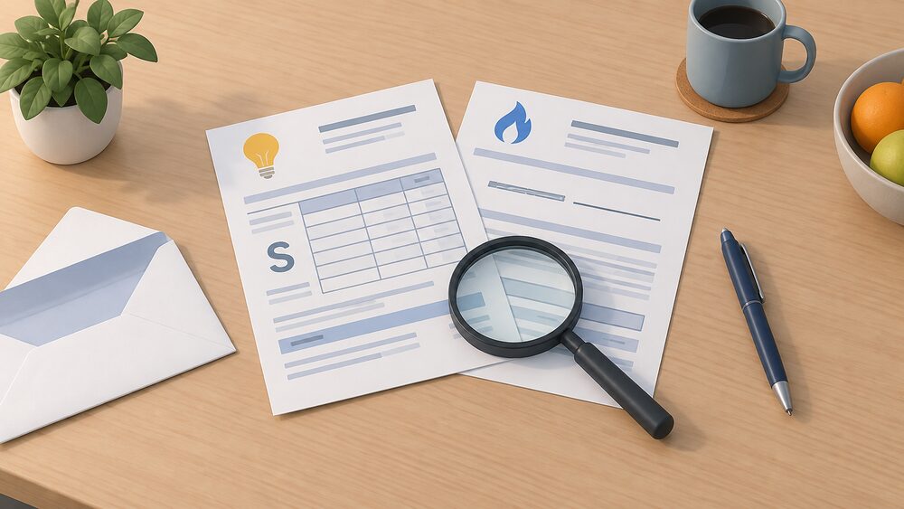 A kitchen table seen from above with two paper energy bills laid flat, one showing a bordered grid of figures beside a large letter S and the other showing a line beside the words meter point reference, a magnifying glass resting on the bills, an opened envelope and a pen beside them.