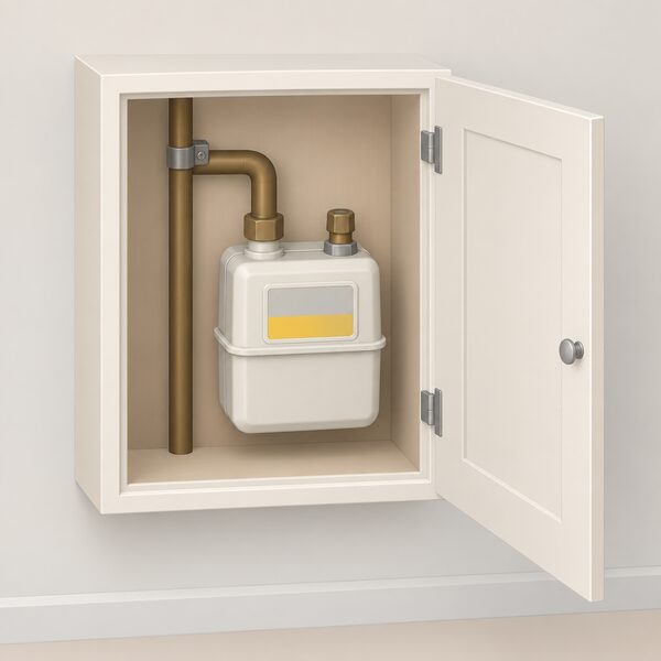 A domestic gas meter mounted on an inside wall in a cupboard, drawn as a simple box-shaped meter with a plain unreadable label area on its front, with the cupboard door open so the meter and its label panel are clearly visible.