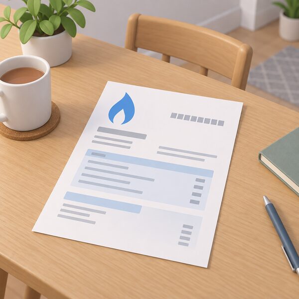 A paper gas bill lying flat on a household table, printed with a small block of digit-style supply number characters shown only as blank marks, with no readable words anywhere on the document.