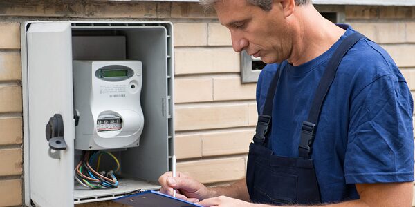 A man in overalls reading an electricity meter in an external meter box on a brick wall while writing on a clipboard