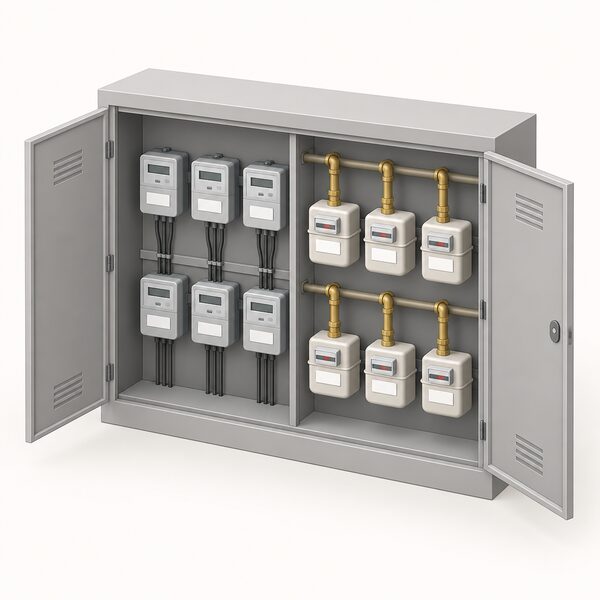 An open communal meter cupboard in a block of flats with a row of electricity meters and a row of gas meters side by side, each with plain blank label plates, shown in a simplified isometric view.