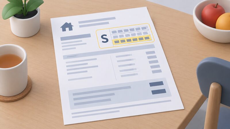 A paper electricity bill lying on a household table, showing a bordered supply number grid set apart from the charges, with a large letter S beside it and the bottom row of the grid highlighted as the MPAN, all figures shown as blank blocks.