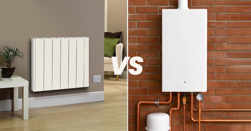 A split comparison image with a white electric panel radiator on a wall in a living room on the left and a white gas combi boiler mounted on a brick wall with copper pipework on the right, separated by a large 'VS'