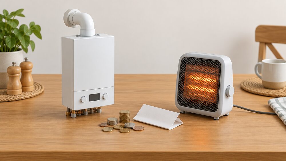 On a kitchen table, a small model of a wall-hung condensing gas boiler with its white flue pipe stands beside a compact portable electric heater with a glowing element, with a scatter of coins and a folded blank bill between them suggesting the running-cost comparison.