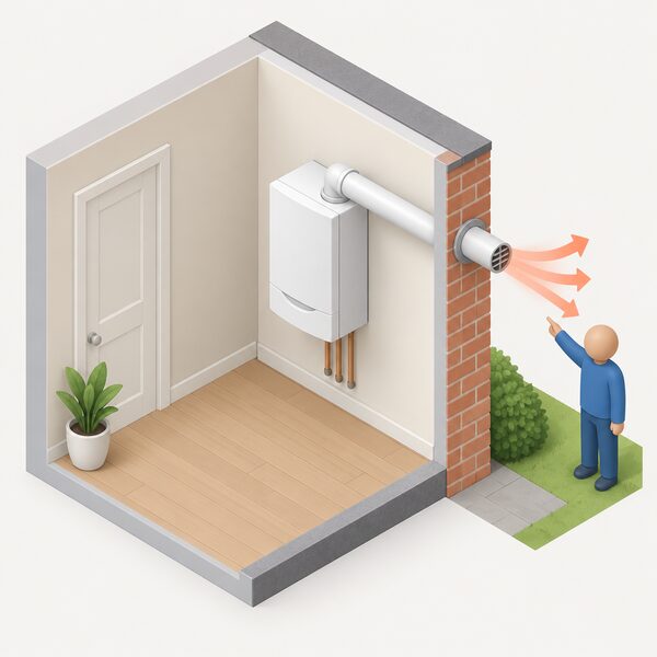A cutaway room view of a wall-mounted gas boiler on an inside wall with its flue pipe passing horizontally through the outside wall to the open air, with a small isometric figure pointing to where the flue exits, showing heat escaping outdoors.
