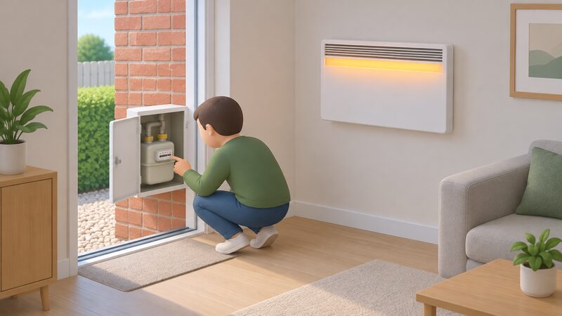 A householder crouching at an external wall inside a home, reading the outdoor gas meter box while a wall-mounted electric panel heater runs on the adjacent wall, showing the two fuels side by side in one room setting.