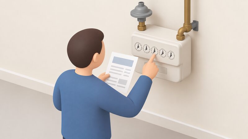 A householder stands at an indoor gas dial meter, holding a paper bill in one hand and pointing with the other at the row of dials, comparing the reading on the bill with the meter dials to spot a transcription error.