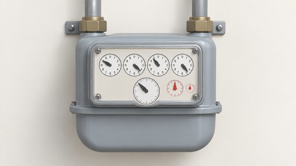A close-up of a wall-mounted gas dial meter with a row of small clock-face dials, one main dial's pointer resting between 9 and 0, with a large dial and red dials visible but set apart from the four main dials being read.