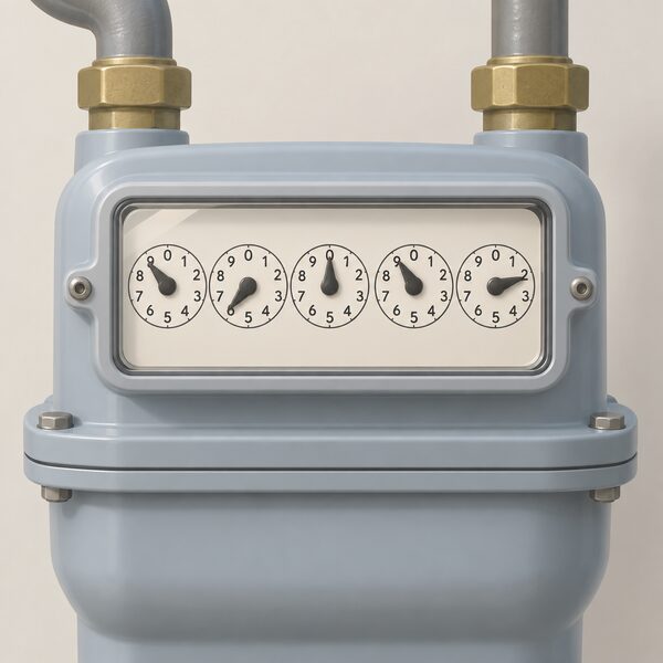 A close view of a gas dial meter face showing a horizontal row of numbered circular dials with pointers, one pointer sitting between the 9 and the 0 on its dial, drawn as a physical meter mounted in its setting.