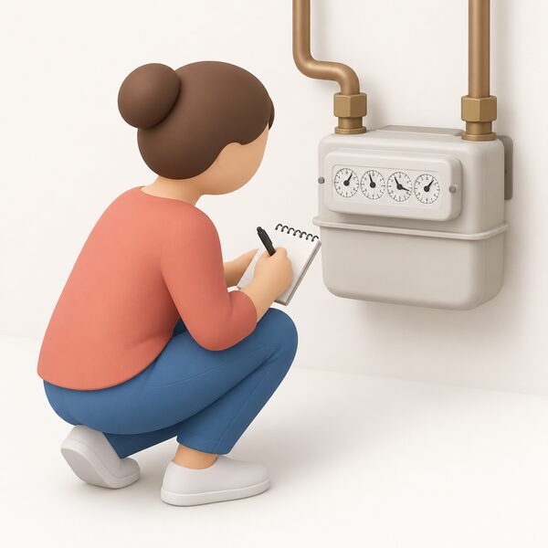 A simplified householder figure crouching beside a domestic gas dial meter, holding a notepad and pen and reading the row of clock-style dials on the meter face, one pointer resting between two numbers.