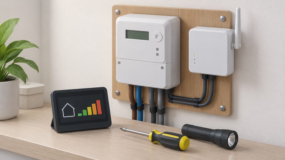 A close-up of a new electricity smart meter in its meter position with a communications hub fitted beside it, and an in-home display standing on a nearby surface, with a screwdriver and torch resting below as an engineer's tools.