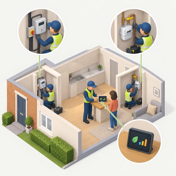 A single engineer in an isometric home setting fits a smart electricity meter and a smart gas meter during one visit, then demonstrates the paired in-home display to the householder, with both meters commissioned and connected to the display.