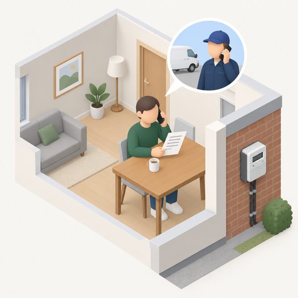 A simplified isometric renter sits at a table in their rented flat, holding an energy bill with their name shown as blank lines, while speaking on a mobile phone to book a smart meter installation, a small electricity meter visible on an outside wall of the flat.