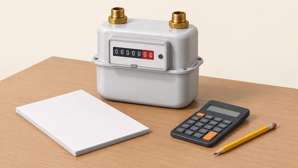 A domestic gas meter with its digital-style index dials sits on a table beside blank paperwork representing a gas bill, a calculator and a pencil, arranged as the moment a household converts a meter reading into billed energy.