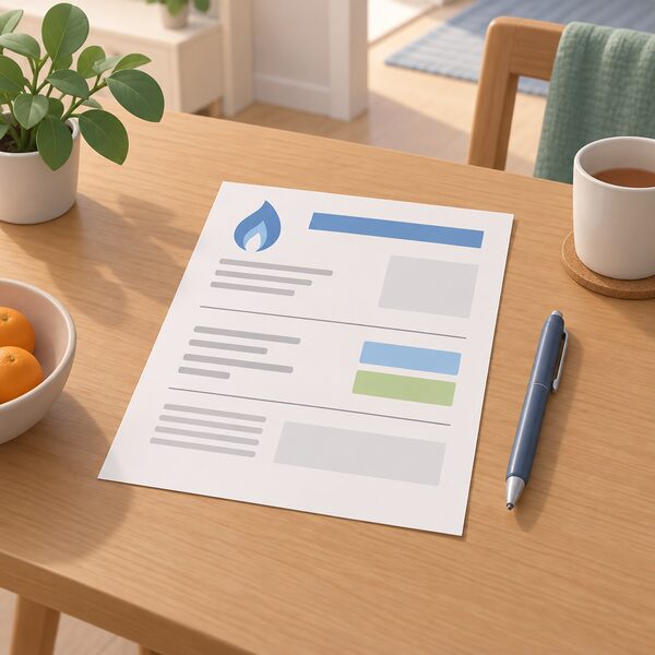 A gas bill lying on a household table, printed with blank lines and plain blocks where the calorific value and the converted kWh figure appear, beside a pen, showing the figures a household can check independently without any readable numbers.