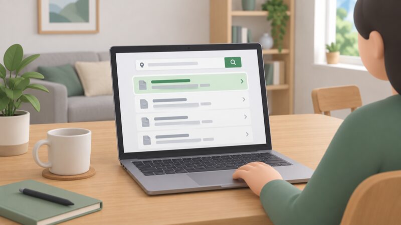 A laptop on a home table displays a search results page as a physical screen with a postcode-style search box at the top and a plain list of result entries shown as blank line blocks, one entry highlighted as the certificate to open.