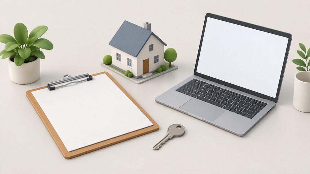 A small tabletop arrangement showing a blank document on a clipboard beside a laptop with a blank screen, a house key, and a small model of a house, representing the moment of looking up or commissioning an energy certificate for a home.