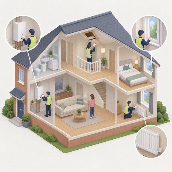 An accredited energy assessor, shown as a simplified isometric figure, inspects a house during a site visit, examining the boiler, a radiator, a window and the loft hatch while the householder waits nearby.