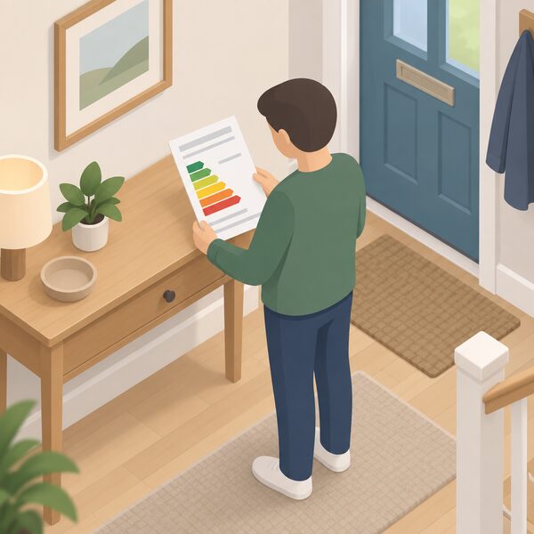 A domestic EPC certificate shown as a physical printed document lying on a table in a home hallway, with a simplified isometric figure of a homeowner holding or reading it, the page carrying only plain colour bands and blank lines where the rating band and property details would appear.