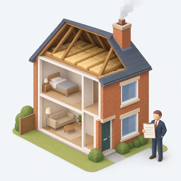 A small isometric privately rented house shown as a cutaway with a landlord figure standing outside holding a blank certificate, while visible energy weaknesses such as an uninsulated loft, single-glazed windows and an open chimney show why the home falls below the minimum standard.