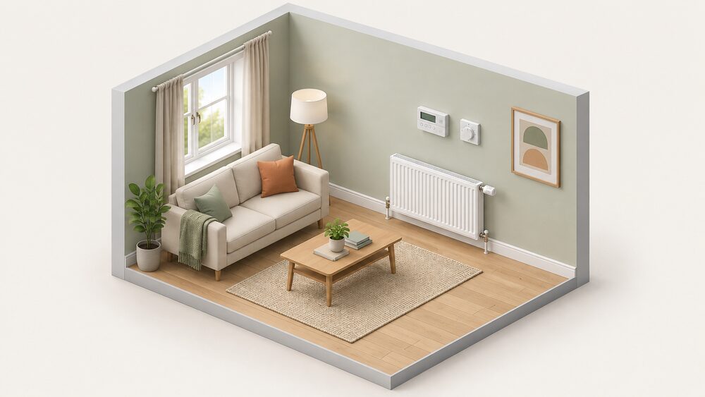 A living room wall with a wall-mounted programmer and room thermostat beside a radiator fitted with a thermostatic radiator valve at one end, all shown as separate controls in one room.