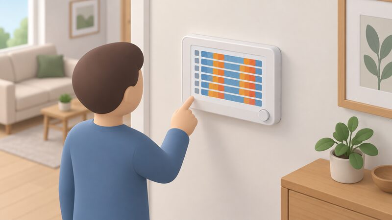 A wall-mounted programmer or smart thermostat drawn as a physical object, its screen showing a weekly schedule as plain colour bands across seven day rows with warmer blocks during occupied morning and evening hours and cooler setback blocks overnight and midday, held or viewed by a simplified figure.
