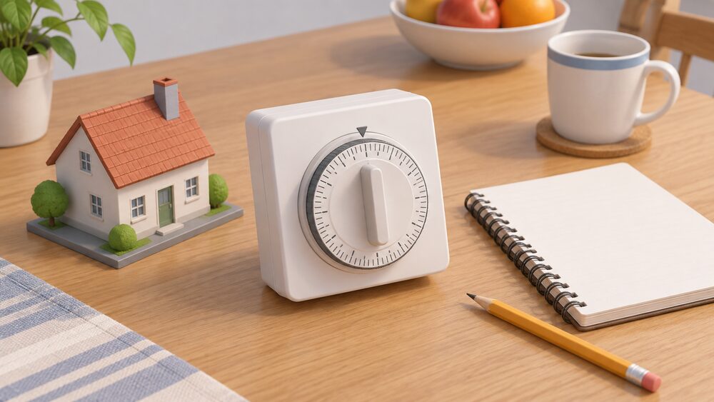 A domestic heating programmer with a rotary timer dial lies on a kitchen table beside a blank notebook, a pencil and a small model of a house with a pitched roof, suggesting a household comparing timed heating against leaving it on all day.