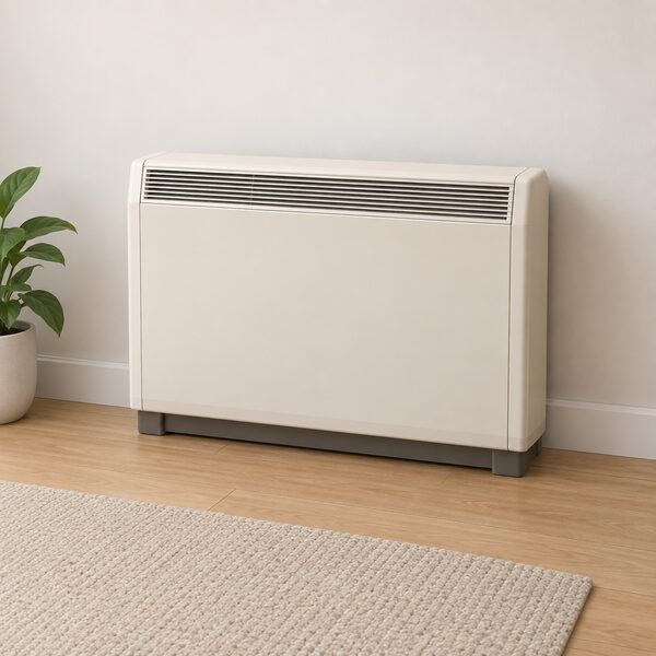 A single night storage heater shown as one plain rectangular unit standing against a plain interior wall, drawn simply so the appliance the old advice was written for is clearly the focus of the picture.