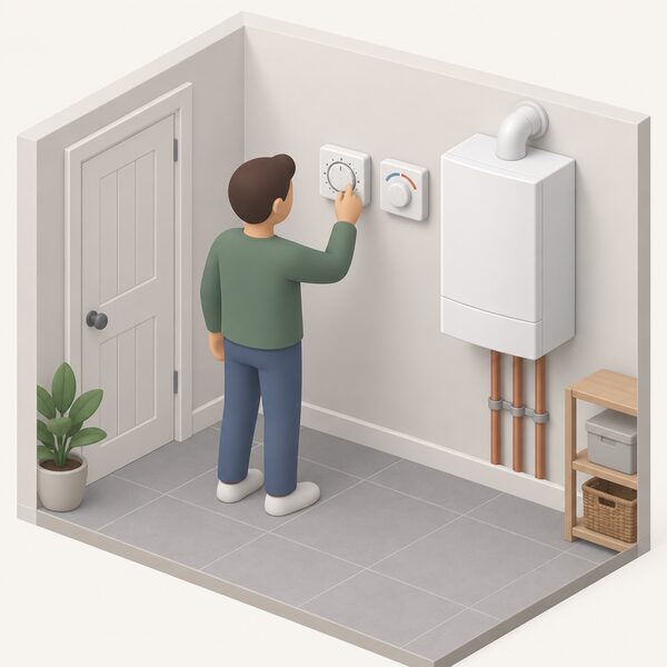 A simplified isometric figure stands at a wall in a home, adjusting a heating timer and a room thermostat mounted side by side next to a wall-hung boiler, showing the controls a household sets itself without an installer.