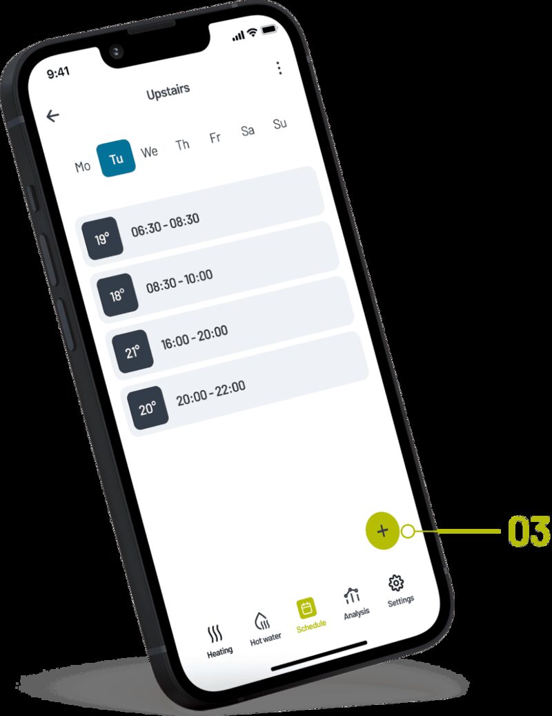 A smartphone displaying the Passiv smart thermostat app with a weekly heating schedule