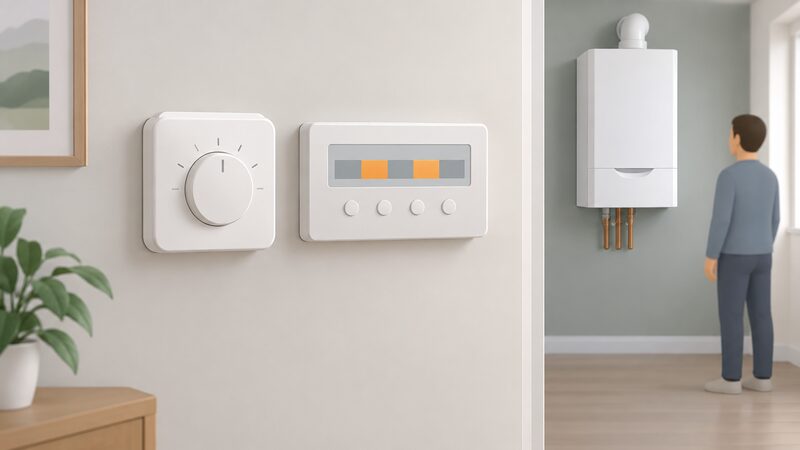 A wall-mounted room thermostat and a programmer beside it, both showing two timed heating periods as plain blocks, with a wall-hung gas combi boiler visible in the background of the same room.