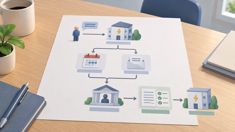 A simple flow diagram drawn as a printed sheet on a table, showing a household complaint going first to the energy supplier, then after eight weeks or a deadlock letter to the Energy Ombudsman, ending in a decision and actions for the company.