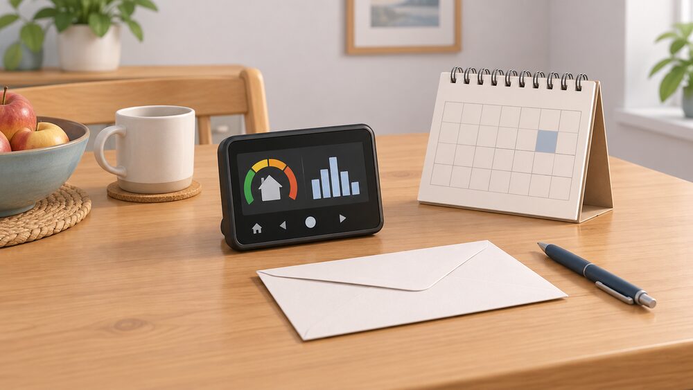 A kitchen table with a smart meter's in-home display standing upright beside a blank envelope, a wall calendar and a pen, arranged as the moment a household records and submits its energy meter reading.